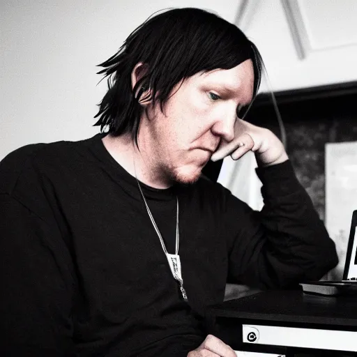 Image similar to elliott smith using a computer, ultra realistic, 8 k, photorealistic