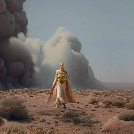 Image similar to The full body shot of beautiful pale woman with white flowers and full-face golden mask in a rocky desert landscape, a giant mirror and smoke around her, volumetric lighting, fire, multiple eyes and dry earth by Denis Villeneuve, Lubezki, Gaspar Noe and Christopher Doyle, anamorphic lens, anamorphic lens flares, kodakchrome, cinematic composition, practical effects, award winning photo, 8k