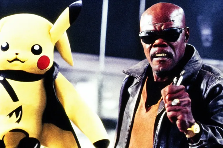 Prompt: Samuel L. Jackson plays Terminator and kills pikachu, action scene from the film