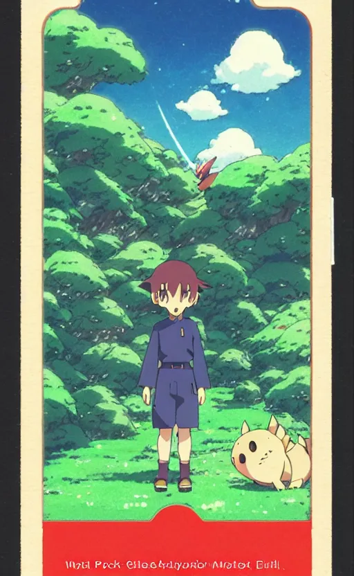 Prompt: a pocket monster go card from 1 9 5 0, illustration, clear sky background, lush landscape, concept art, anime key visual, trending pixiv fanbox, by wlop and greg rutkowski and makoto shinkai and studio ghibli and kyoto animation and ken sugimori, symmetrical facial features, short hair, hair down, a beetle trainer, box art