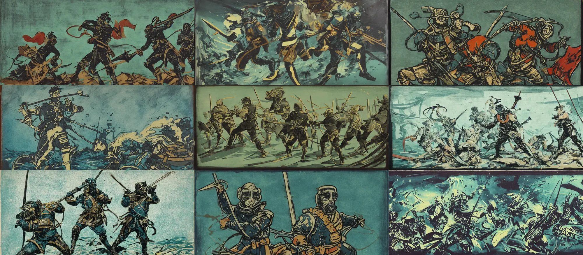 Prompt: battle scene, scuba - musketeer with swords, lorica segmentata and sashimono, art nouveau style, brutalist, woodcut, action scene, tintype, frenetic brushwork, chiaroscuro, figurative art, spatter, dust, atmospheric, volumetric lighting, prussian blue, burnt sienna, and sage green