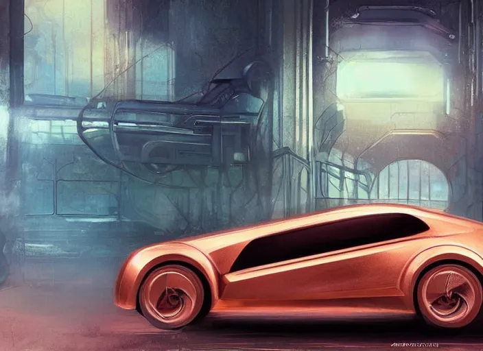 Image similar to copper color paint car designed by dmc and gmc, concept art style by john berky and liam wong and michael whelan.