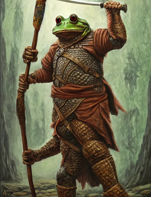 Image similar to anthropomorphic bipedal frog that is dressed as a medieval barbarian, and holding a giant club, as a matte oil painting, d & d character reveal, by alex grey, standing, fullbody, tattoos, piercings, knickknacks, mystic, concept art, award - winning, extremely detailed, sharp focus