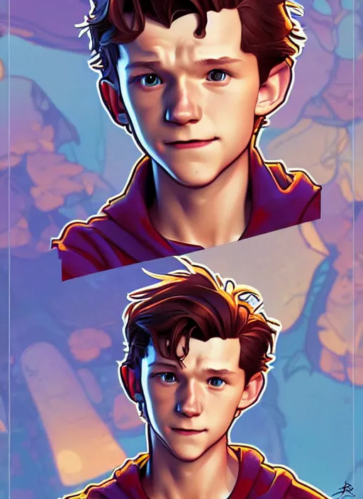 Image similar to cute tom holland sticker design, natural lighting, path traced, highly detailed, high quality, digital painting, by don bluth and ross tran and studio ghibli and alphonse mucha, artgerm