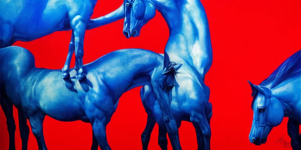 Image similar to only with blue, ney motogrosso in love with a red stallion, too many hands in all directions, in hoc signo vinces, waterfall, in the style of leonora carrington, gottfried helnwein, intricate composition, blue light by caravaggio, insanely quality, highly detailed, masterpiece, red light, artstation