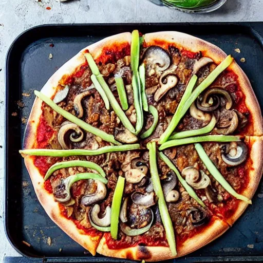 Image similar to a pizza topped with liver, onions, green peppers, anchovies, mushrooms