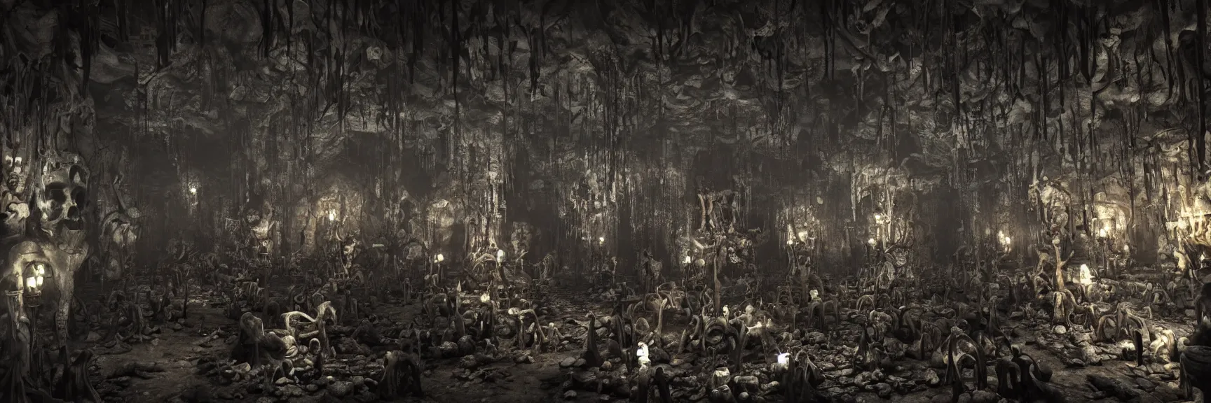 Image similar to Inside view of a creepy cave, a maze inside the cave, bats hanging upside down on the ceiling, ghostly caricatures on walls, skulls and bones scattered on the floor, ominous horror ambience; very detailed, artstation, unreal engine 5