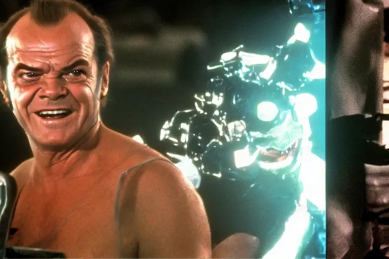 Image similar to Jack Nicholson in costume of Pikachu Terminator scene where his endoskeleton gets exposed and his eye glow red still from the film