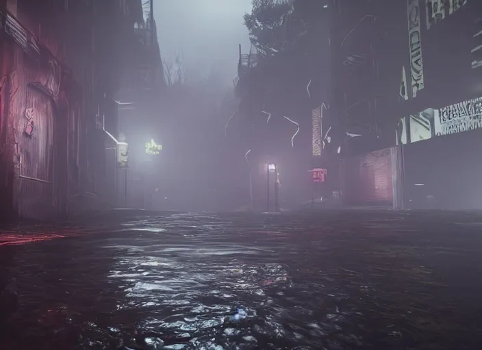 Image similar to dark, misty, foggy, flooded new york city street swamp in Destiny 2, liminal creepy, dark, dystopian, abandoned highly detailed 4k in-game destiny 2 screenshot gameplay showcase