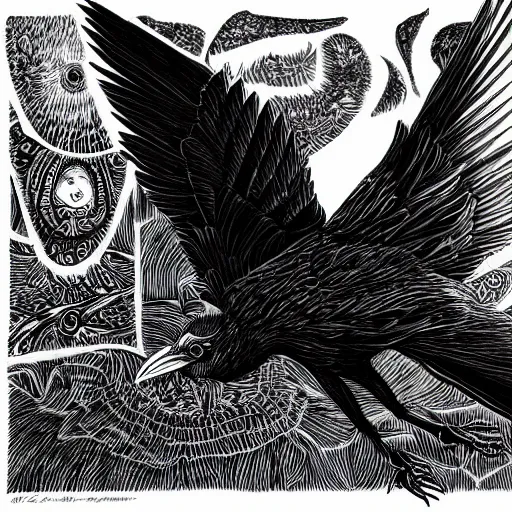 Image similar to detailed crow illustration, full body, surrealist, black ink on white paper, sketched 4k