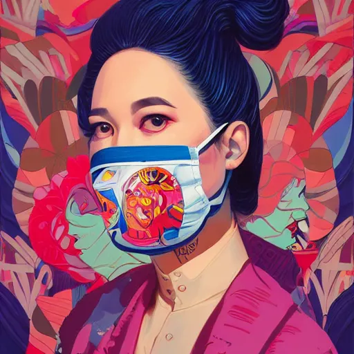 Image similar to Fashion weak portrait of people with sanitary mask, Tristan Eaton, artgerm, Victo Ngai, RHADS, ross draws