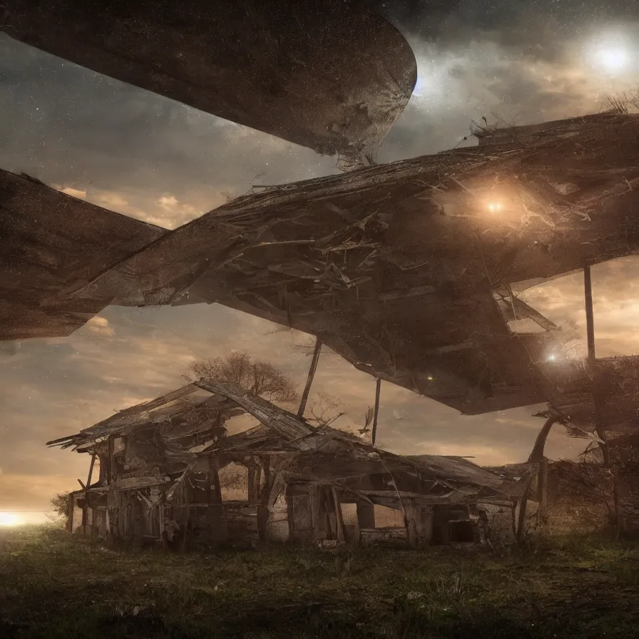 Image similar to a ufo floats over a broken barn, debris floats upwards, volumetric lighting, night, photorealistic rendering, color palette, 8 k, hyperdetailed