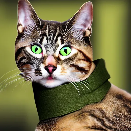 Image similar to cat soldier in call of duty warzone 4k with complete heterochromia brown-green eyes, high detail, high-resolution photograph, professional photography, ultra-detail