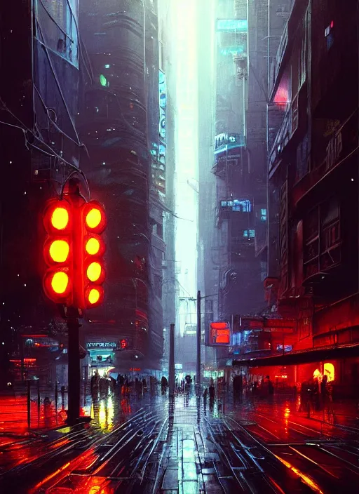 Prompt: cyberpunk city full of rain and puddles, glowing, night, dark, rainy, cloudy, fine details. night setting. realistic shaded lighting poster by craig mullism, artgerm, jeremy lipkin and michael garmash, unreal engine, radiant light, detailed and intricate environment, digital art, trending on art station,