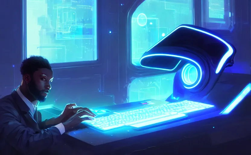 Image similar to handsome black genius hacking the metaverse, holographic keyboard, curved digital displays, urban interior, electric blue glowing lights, highly detailed, digital painting, artstation, concept art, smooth, sharp focus, illustration, art by wlop, mars ravelo and greg rutkowski