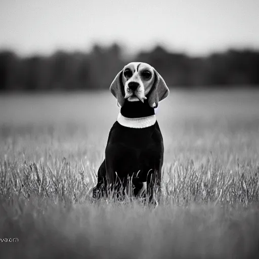 Prompt: beagle in a field, movie still, photography, DSLR 35mm, low light photography, ultra fine detail