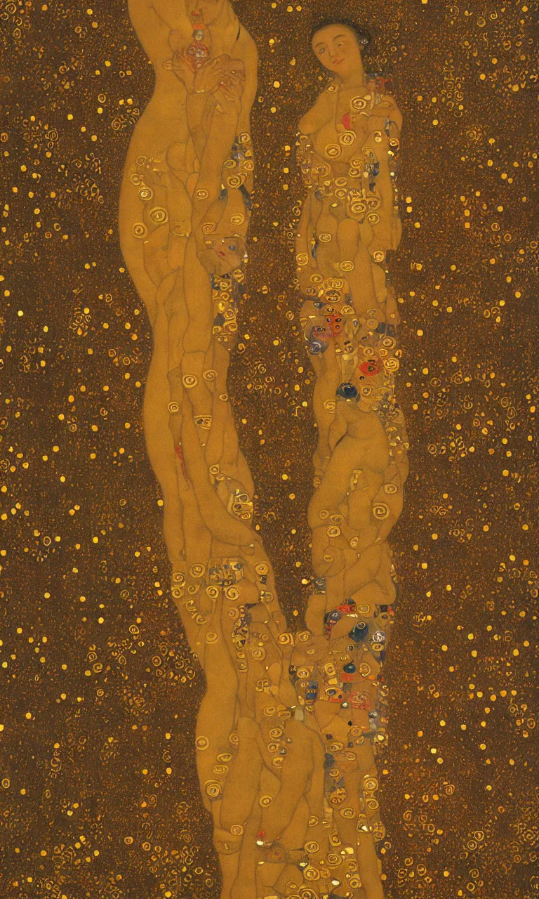 Image similar to a human figure in state of bliss and enlightenment, fireworks, intense sunshine, in the style of Gustav Klimt, 8k, extremely detailed, Trending on artstation, golden color scheme
