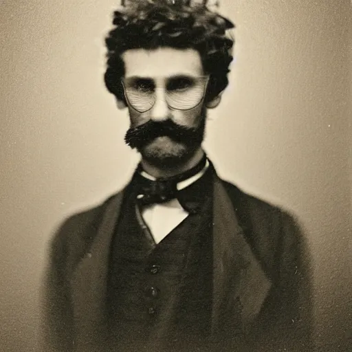 Image similar to A photograph portrait of Jerma985 with crazy hair and a pyramidal mustache in the late 1800s, taken in the late 1800s, 1870s, grainy, taken on a Field View Camera, realistic, hyperrealistic, very realistic, highly detailed, very detailed, extremely detailed, detailed, digital art, trending on artstation