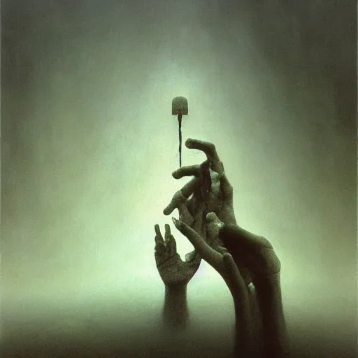 Prompt: arm reaching out of thick fog, marble blocks levitating in the background, zdzislaw beksinski