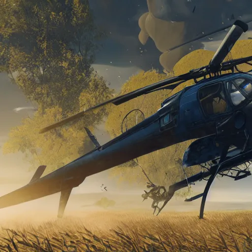 Image similar to a high resolution very detailed image of 9 s downing a helicopter in boss fight from nier : automata in yellow rye field under pure blue skies