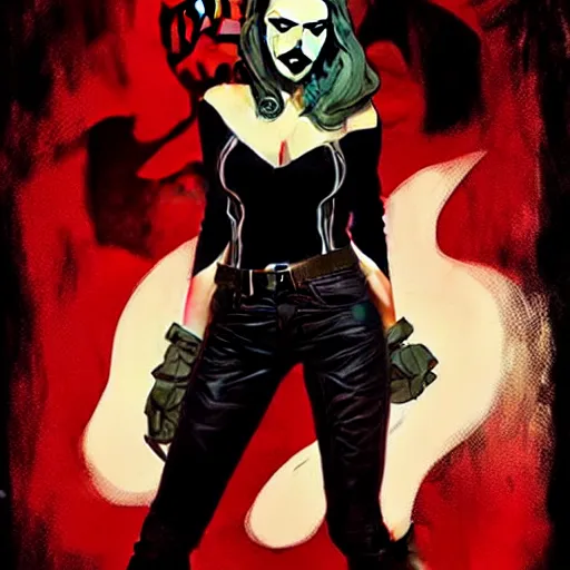 Prompt: rafael albuquerque comic art, peter mohrbacher, steve niles, artgerm, pretty scarlett johansson vampire sharp vampire teeth open mouth, symmetrical eyes, black leather jacket, jeans, long blonde hair