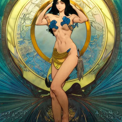 Image similar to highly detailed vfx portrait of nico robin, makoto shinkai, alphonse mucha, sharp focus, art by artgerm and greg rutkowski, backlit, harsh overhead sunlight, blue eyes, stanley kybric