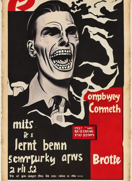 Prompt: creepy Jerma985 with a scary comically large smile, 1940s scare tactic propaganda art