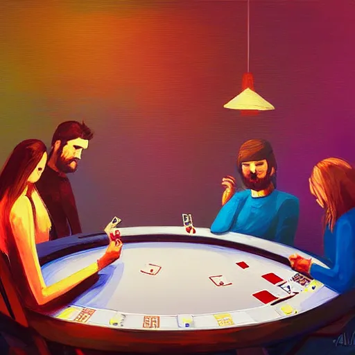 Prompt: people playing poker on a table by alena aenami and annato finnstark