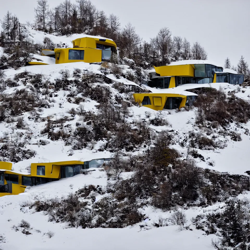 Image similar to an asphalt road leading to a mid-century modern house on top of a cliff in the arctic, covered with snow, designed by Frank Gehry. Big tiles. A car is parked in front. Film grain, cinematic, yellow hue