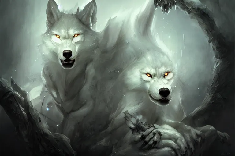 Prompt: white magical wolves made of magical electrical energy, painted by Bastien Lecouffe-Deharme and Cedric Peyravernay, trending on artstation, Frank Frazetta, 4k, 8k, HD