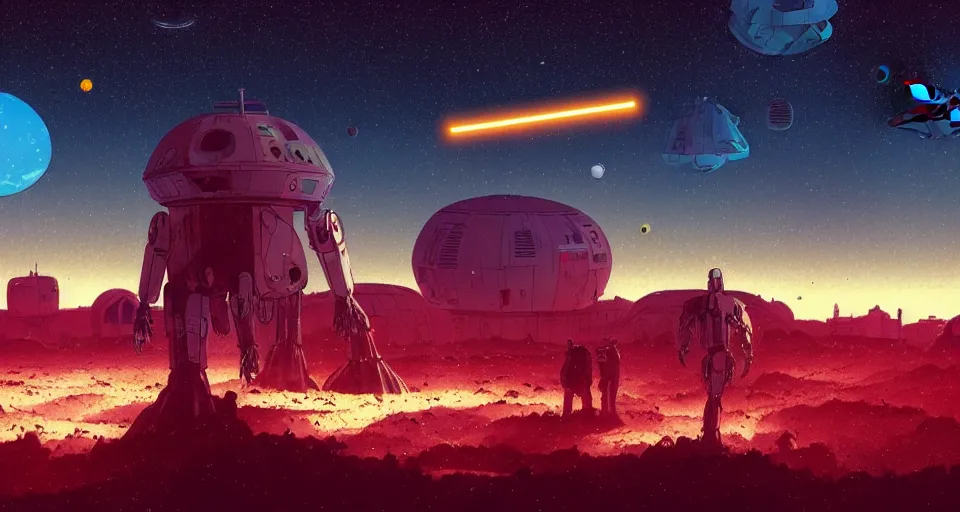 Prompt: a large mecha in a field of destroyed vending machines, underneath a star filled night sky, moebius, warm coloured, maschinen krieger, beeple, star trek, star wars, film, atmospheric perspective