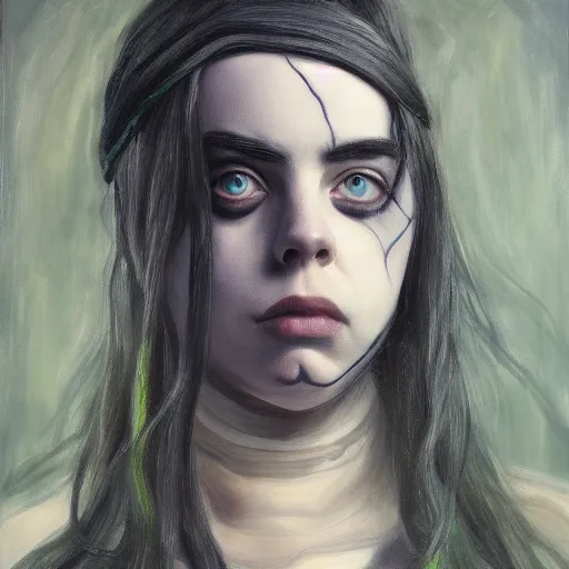 Prompt: Billie Eilish as female loki, oil on canvas, noir, trending on artstation, by Ian Sprigger