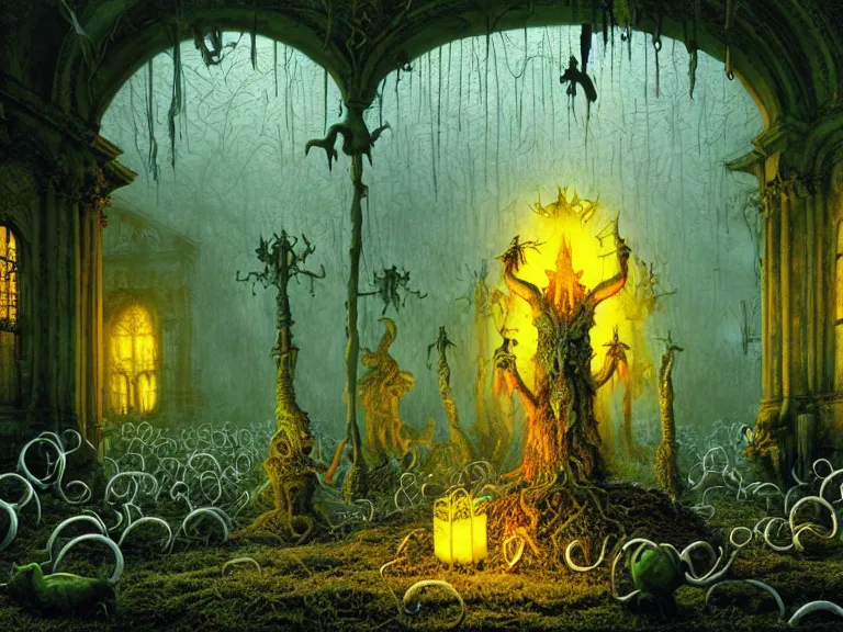 Prompt: hellspawn demons greeting souls of sinners by wendy froud and laurie lipton and guido borelli da caluso and gregory crewsdon and hubert robert and david mattingly and ferdinand knab, hyperrealism, high contrast, low light, vibrant color, psychedelic, green mist, blue cobblestones, orange demons, yellow lanterns