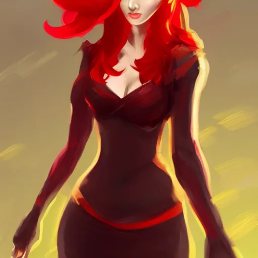 Image similar to a beautiful artwork of a woman with red dress and red hair by riot games, featured on artstation