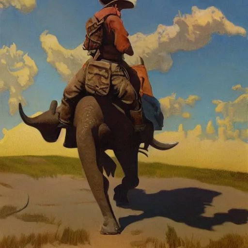 Prompt: a painting of a cowboy riding a dinosaur in the style of n. c. wyeth and in the style of james gurney.