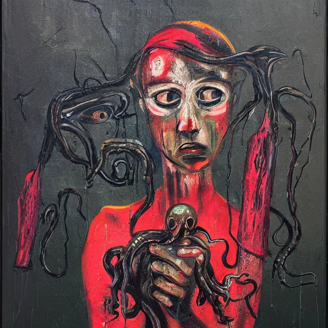 Image similar to a portrait in a dark apartment, rats, a widow holding an octopus, streetlamps, wet, puddles, wild berries, metaphysical, neo - expressionism, surrealism, acrylic and spray paint and oilstick on canvas