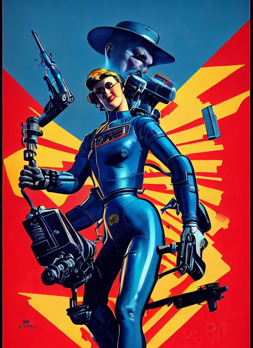 Image similar to american propaganda poster art. powerful cyberpunk pilot. portrait by jean giraud and anton otto fischer and john philip falter and will eisner and gil elvgren and pixar. full body. realistic proportions. science fiction d & d. overwatch, rb 6 s, cyberpunk 2 0 7 7, blade runner 2 0 4 9 concept art. cel shading. thick lines.