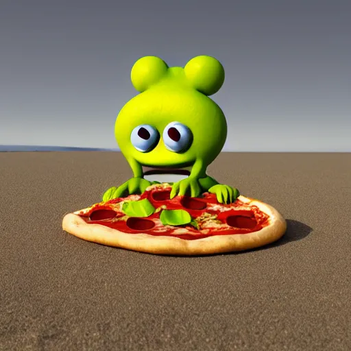 Image similar to an pizza creature enjoying the beach, 3 d render