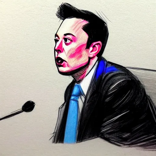 Image similar to courtroom sketches from the elon musk v twitter trial, the judge is a bluebird