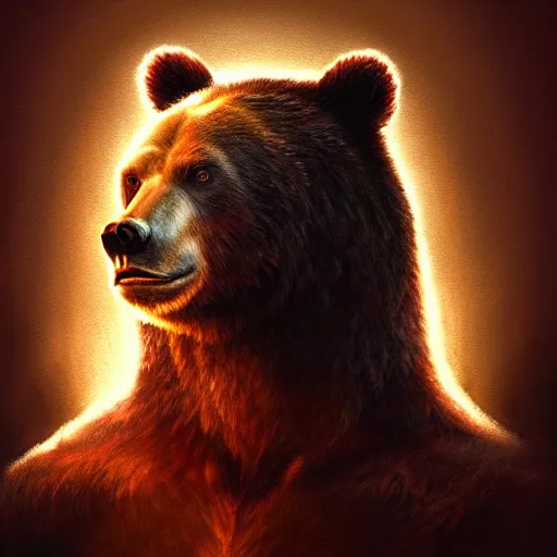 Image similar to realistic bear beast-man portrait, atmospheric lighting, painted, intricate, volumetric lighting, beautiful, rich deep colors masterpiece, golden hour, sharp focus, ultra detailed, by Leesha Hannigan, Ross Tran, Thierry Doizon, Kai Carpenter, Ignacio Fernández Ríos