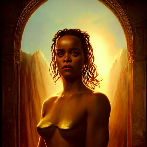 Image similar to majestic gracious regal goddess rhianna portrait, ancient greece, elysium, atmospheric lighting, painted, intricate, volumetric lighting, beautiful, rich deep colours masterpiece, golden hour, sharp focus, ultra detailed, by leesha hannigan, ross tran, thierry doizon, kai carpenter, ignacio fernandez rios