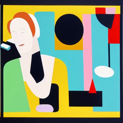 Prompt: A painting of person talking on the phone, abstract painting in the style of Sophie Taeuber-Arp and Gary Hume and Tatsuro Kiuchi, flat colour-block style, geometric abstraction, deep colours