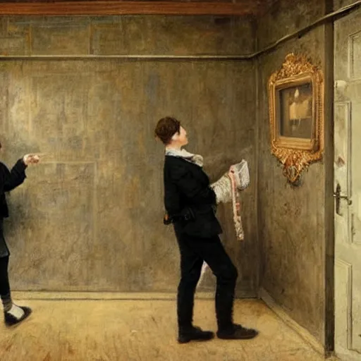 Image similar to a young man and a young woman solving an escape room puzzle, mysterious markings on the wall, by alfred stevens