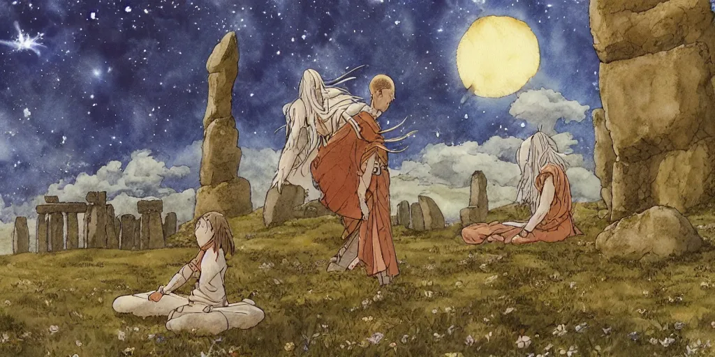 Image similar to a hyperrealist studio ghibli watercolor fantasy concept art of a giant long haired medieval monk in lotus position in stonehenge with a starry sky in the background. a giant alien starship from independence day ( 1 9 9 6 ) is floating in the air. by rebecca guay, michael kaluta, charles vess