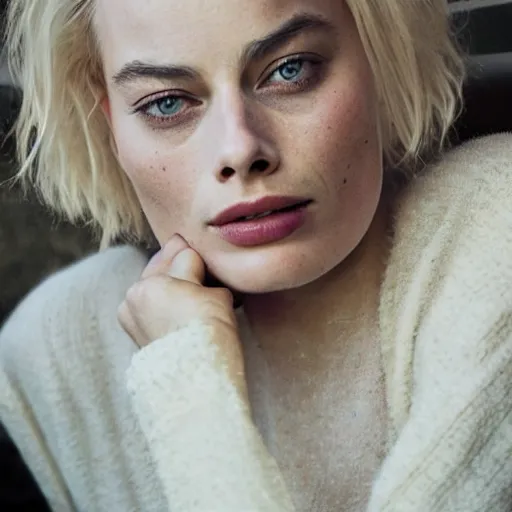 Image similar to photo of margot robbie, full platinum blond, no eyebrows, pale skin, freckle, by cig harvey, realistic, high detail, high quality, trending on pinteresst