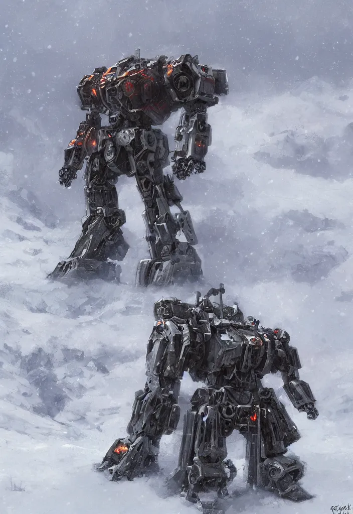 Prompt: Digital Art of a 1914 Mecha in the snow, Rozalski, trending on artstation