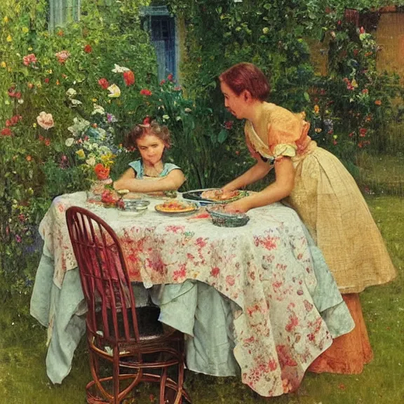 Prompt: a housewife and her daughter putting dishes on a table in the backyard, a tilted parasol sits above the table, a garden with colorful flowers in the background, rainy scene, cozy 1 9 5 0's, medium symmetry, by ilya repin, extreme detail, attention to detail, 8 k, intricate abstract, photorealistic