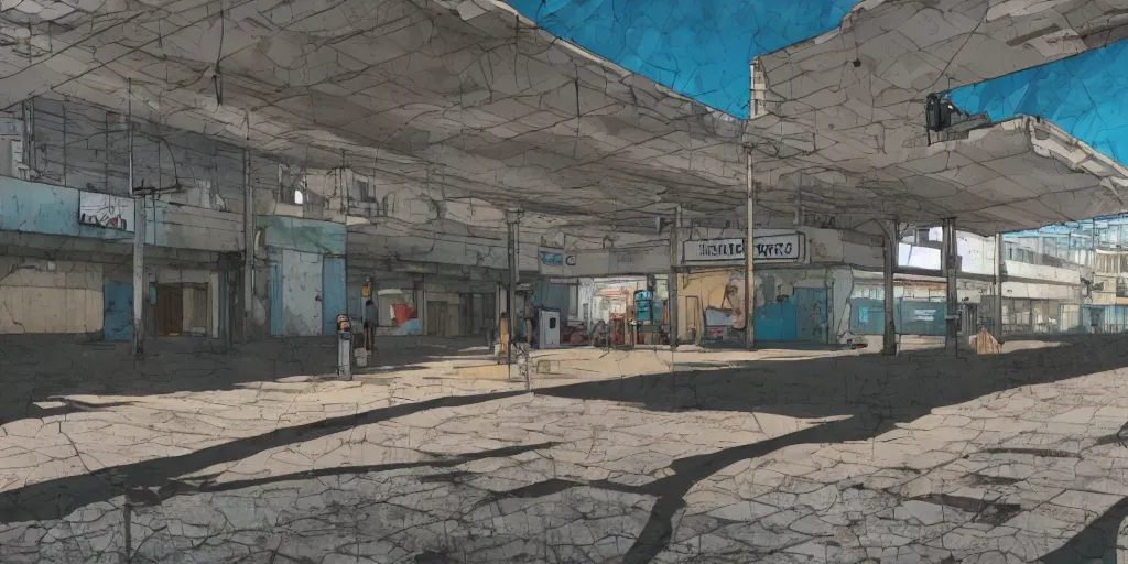 Image similar to an old and abadoned israeli bus station in tel aviv, without people, noon, sunlights, wide shot, digital art, ghibli style, makoto shinkai, flat colors