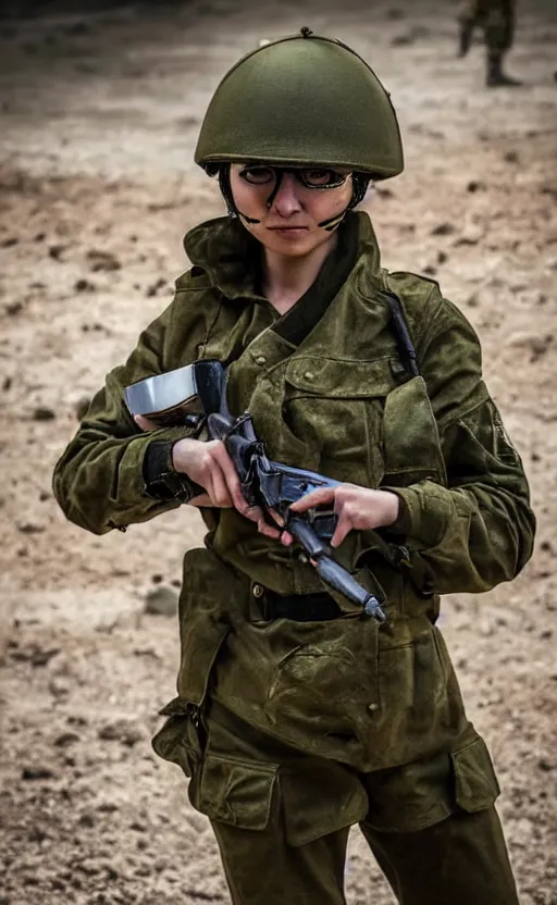 Image similar to portrait photo of an italian soldier girl, highly detailed, dirt splash and smoke in the background, high resolution, cosplay photo, stunning, girls frontline style, bokeh soft, shot on 70mm, zenithal lightning, trending on instagram, by award winning photographer, realistic human anatomy, real human faces, realistic military carrier, soldier clothing, modern warfare, in combat stance, shot with a professional camera, low saturation, soldier clothing