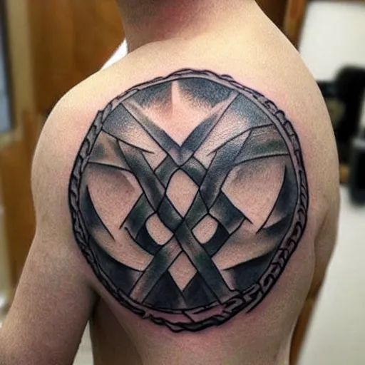 Prompt: shoulder tattoo, nordic and celtic, viking with sword and shield, celtic knot band with a viking warrior centerpiece, viking holds a shield frontward and a sword over his head, dark green black ink tattoo